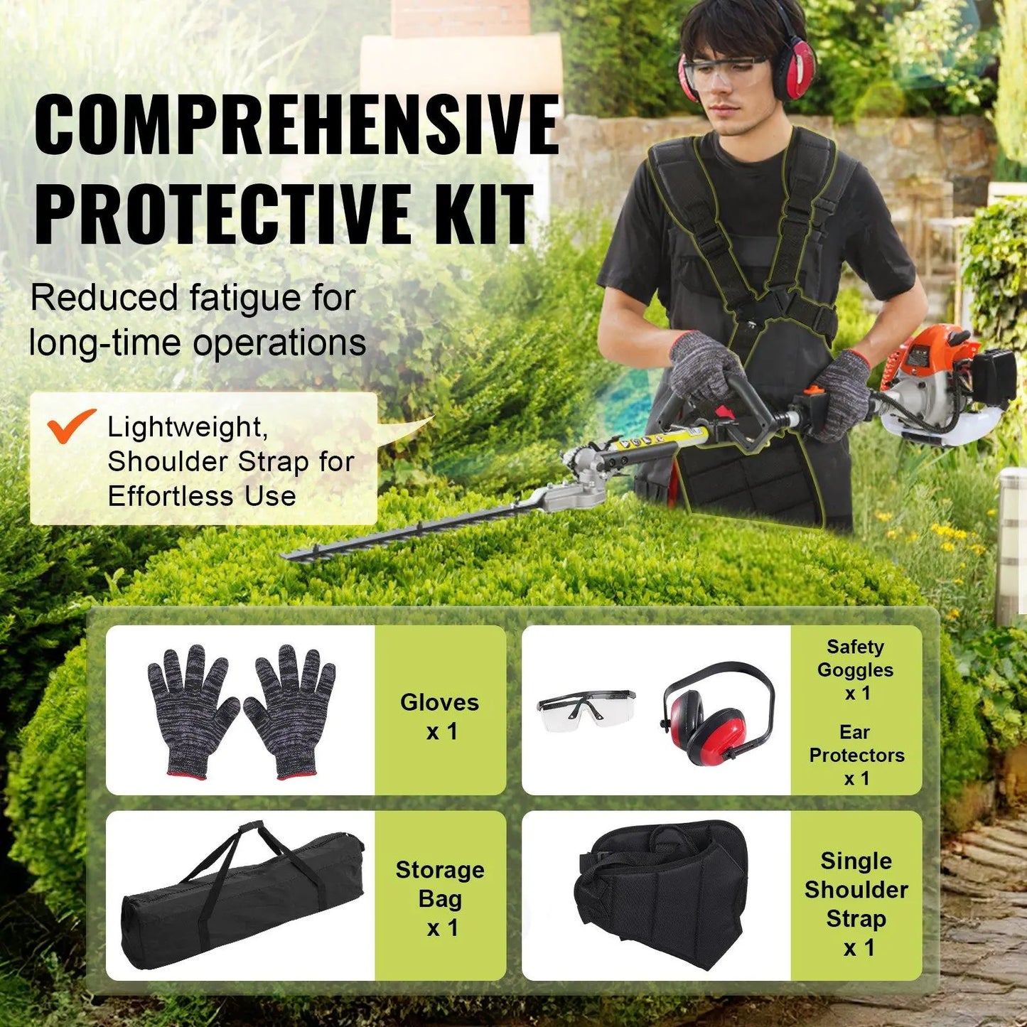 【Summerfinds】Vevor 52CC 6-In-1 Garden Tool Kit, Multi-Functional Outdoor Gadget with Gas Hedge Trimmer, Weed Eater, String Trimmer, Brush Cutter, Edger, Pole Saw Chainsaw Pruner, Metal Blade, Handle, Parts, Shoulder Strap for Lawn Cutting