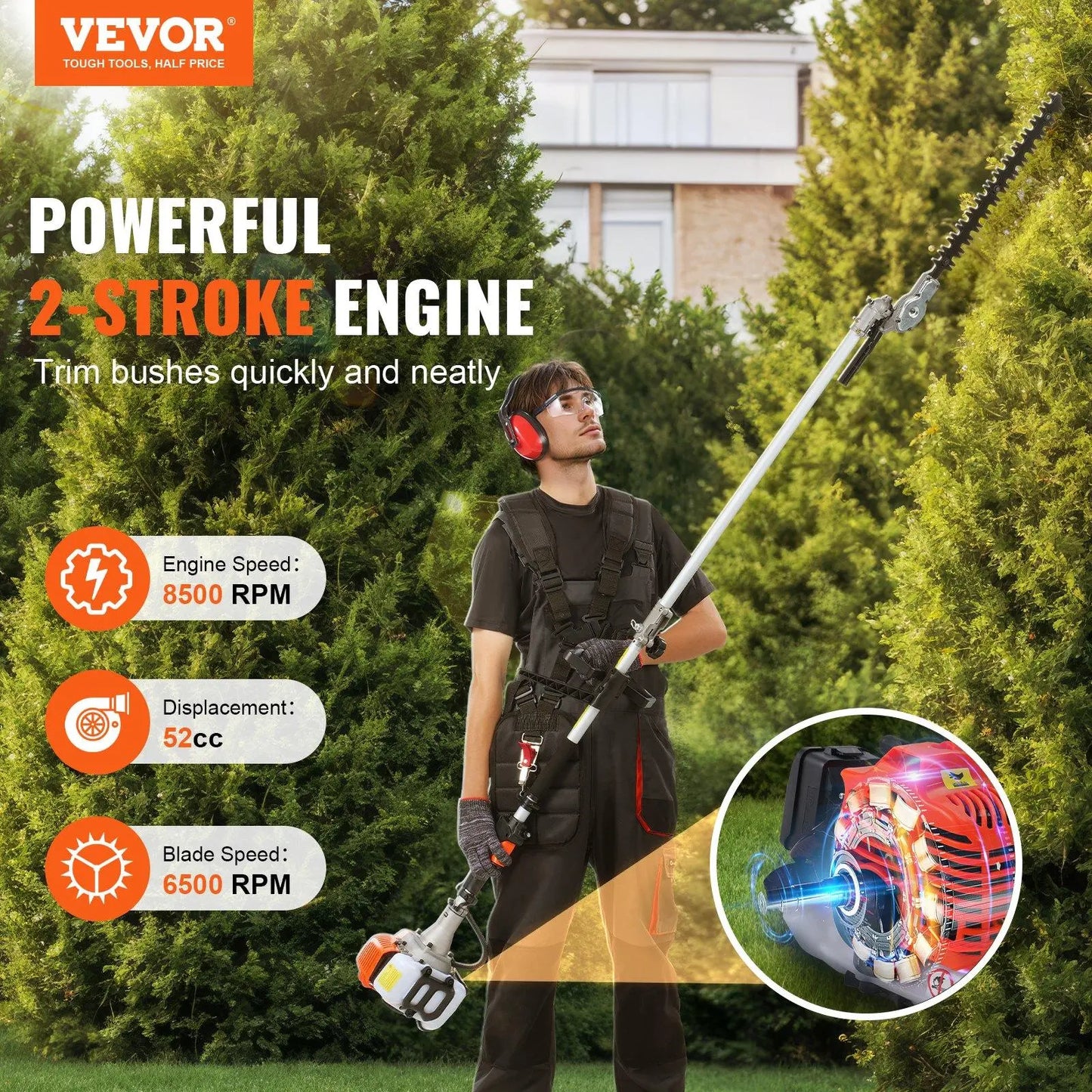 【Summerfinds】Vevor 52CC 6-In-1 Garden Tool Kit, Multi-Functional Outdoor Gadget with Gas Hedge Trimmer, Weed Eater, String Trimmer, Brush Cutter, Edger, Pole Saw Chainsaw Pruner, Metal Blade, Handle, Parts, Shoulder Strap for Lawn Cutting