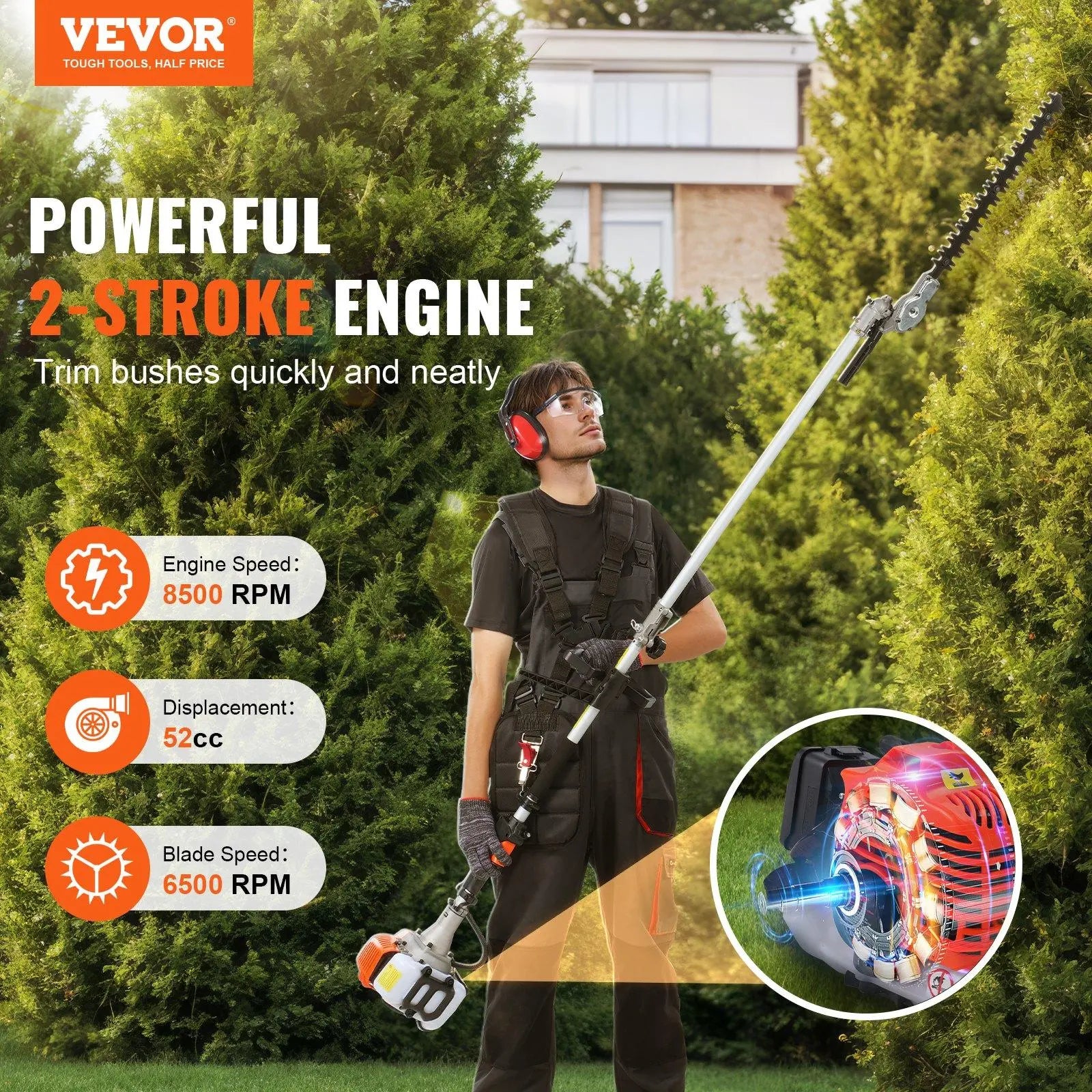 【Summerfinds】Vevor 52CC 6-In-1 Garden Tool Kit, Multi-Functional Outdoor Gadget with Gas Hedge Trimmer, Weed Eater, String Trimmer, Brush Cutter, Edger, Pole Saw Chainsaw Pruner, Metal Blade, Handle, Parts, Shoulder Strap for Lawn Cutting