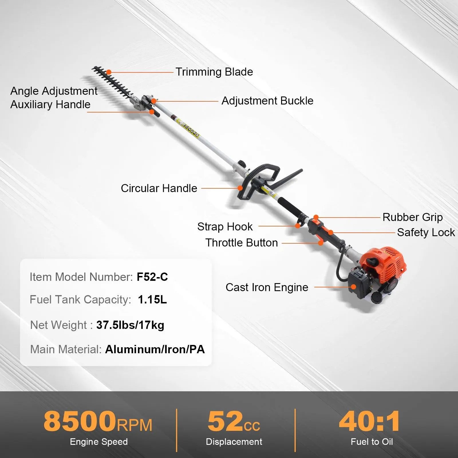 【Summerfinds】Vevor 52CC 6-In-1 Garden Tool Kit, Multi-Functional Outdoor Gadget with Gas Hedge Trimmer, Weed Eater, String Trimmer, Brush Cutter, Edger, Pole Saw Chainsaw Pruner, Metal Blade, Handle, Parts, Shoulder Strap for Lawn Cutting