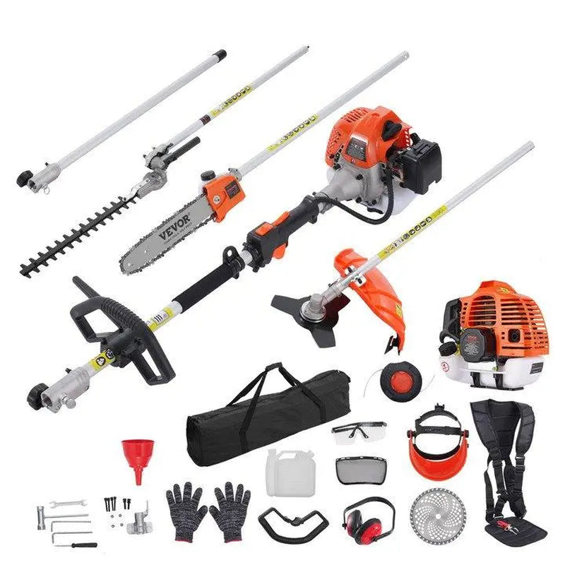 【Summerfinds】Vevor 52CC 6-In-1 Garden Tool Kit, Multi-Functional Outdoor Gadget with Gas Hedge Trimmer, Weed Eater, String Trimmer, Brush Cutter, Edger, Pole Saw Chainsaw Pruner, Metal Blade, Handle, Parts, Shoulder Strap for Lawn Cutting