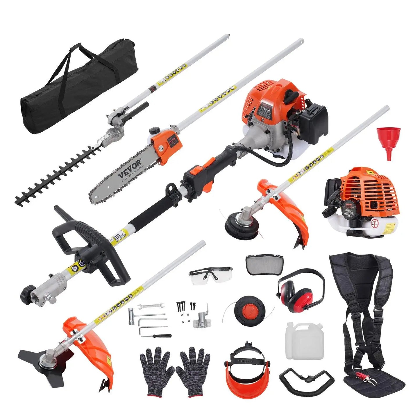 【Summerfinds】Vevor 52CC 6-In-1 Garden Tool Kit, Multi-Functional Outdoor Gadget with Gas Hedge Trimmer, Weed Eater, String Trimmer, Brush Cutter, Edger, Pole Saw Chainsaw Pruner, Metal Blade, Handle, Parts, Shoulder Strap for Lawn Cutting