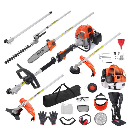 【Summerfinds】Vevor 52CC 6-In-1 Garden Tool Kit, Multi-Functional Outdoor Gadget with Gas Hedge Trimmer, Weed Eater, String Trimmer, Brush Cutter, Edger, Pole Saw Chainsaw Pruner, Metal Blade, Handle, Parts, Shoulder Strap for Lawn Cutting