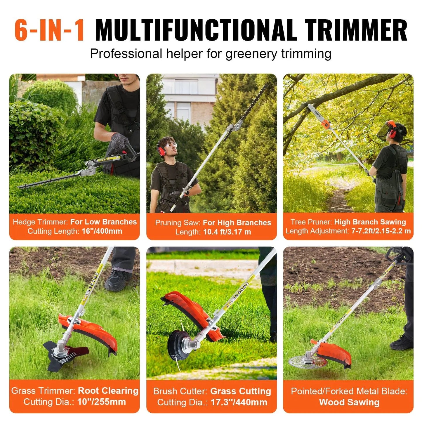 【Summerfinds】Vevor 52CC 6-In-1 Garden Tool Kit, Multi-Functional Outdoor Gadget with Gas Hedge Trimmer, Weed Eater, String Trimmer, Brush Cutter, Edger, Pole Saw Chainsaw Pruner, Metal Blade, Handle, Parts, Shoulder Strap for Lawn Cutting